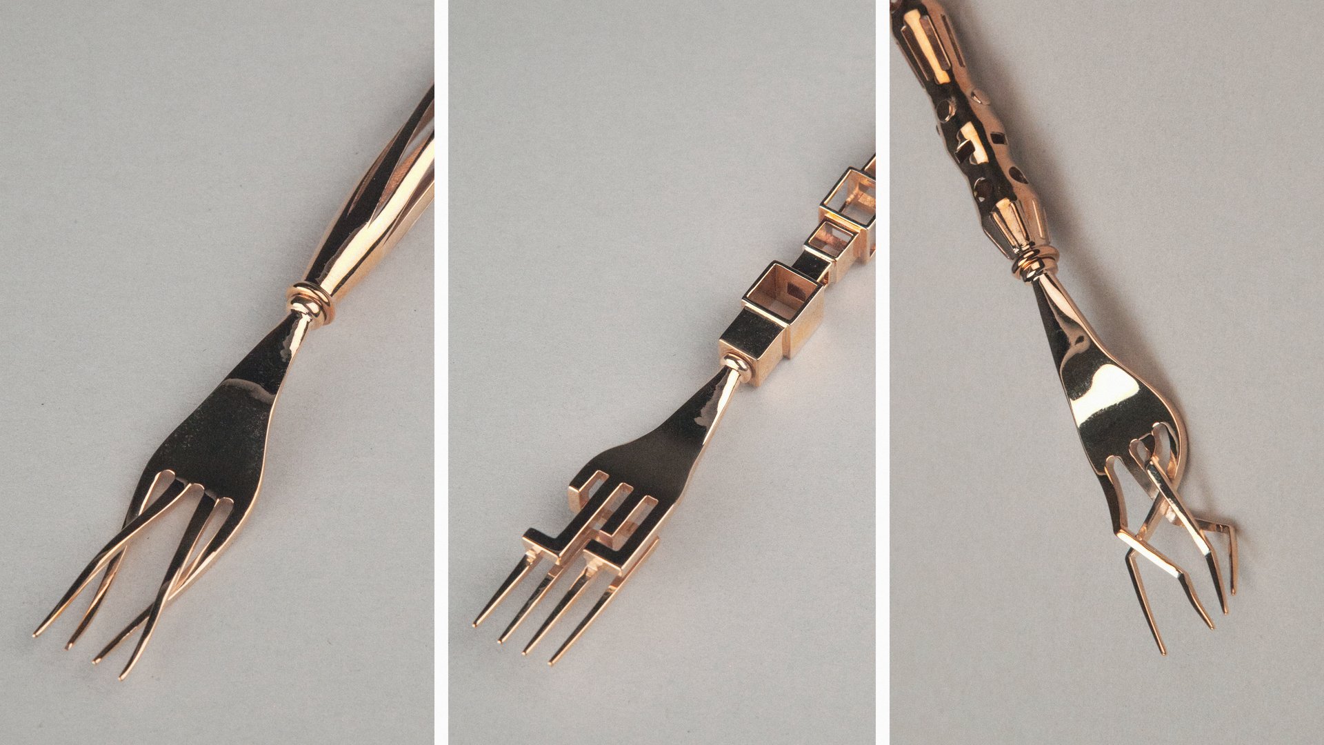 Three close-up views of sculptural copper-toned forks