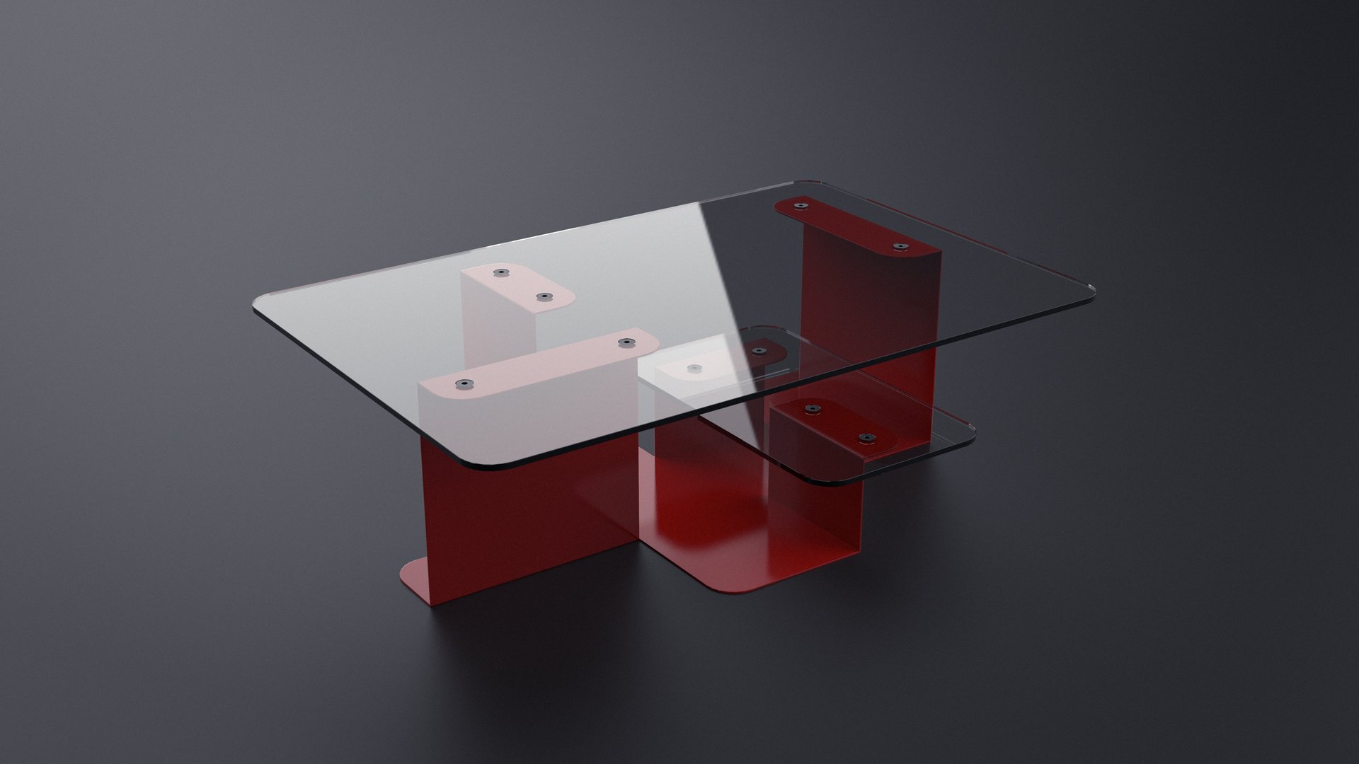 Glass-topped coffee table with red bent sheet-metal legs