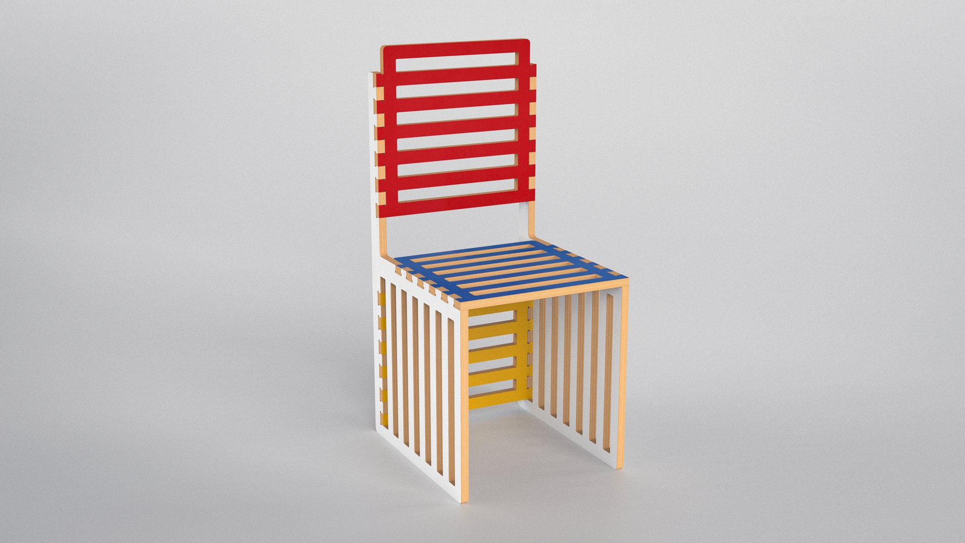 Flat pack plywood chair with a red slatted back, blue seat, and yellow interior